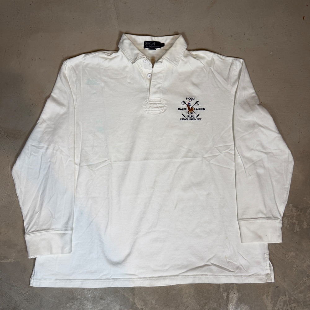 Polo Ralph Lauren White Long Sleeve Rugby Shirt RLPC Crest Mens XL Flaw